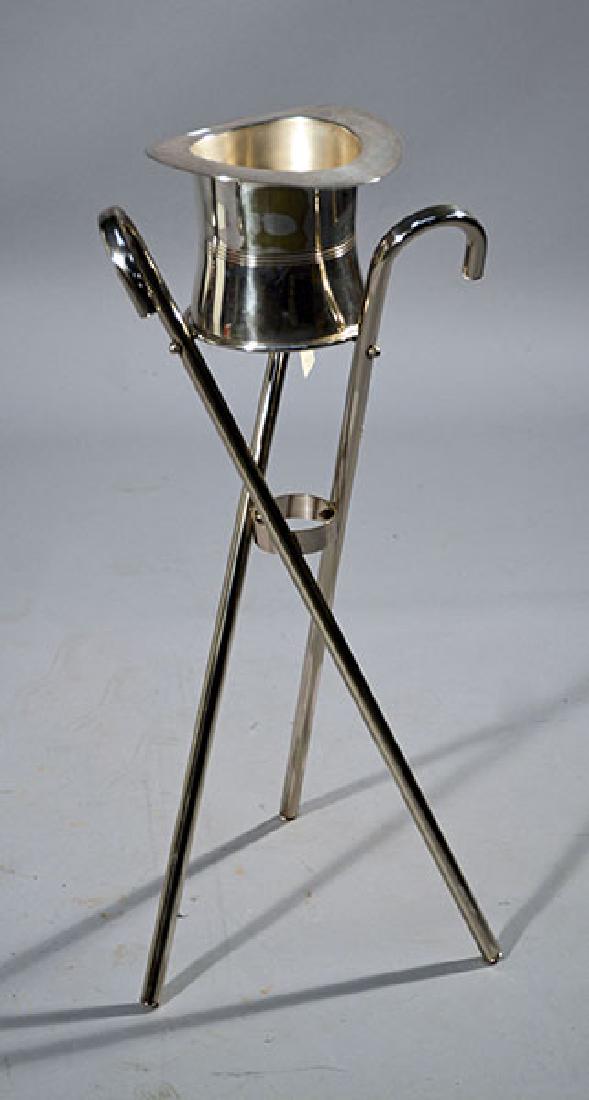 Art Deco Hat Form Wine Bucket: Art deco style top hat wine bucket on tripod cane base. Top hat removable to use on table. 31.5"H. x 14"W.
