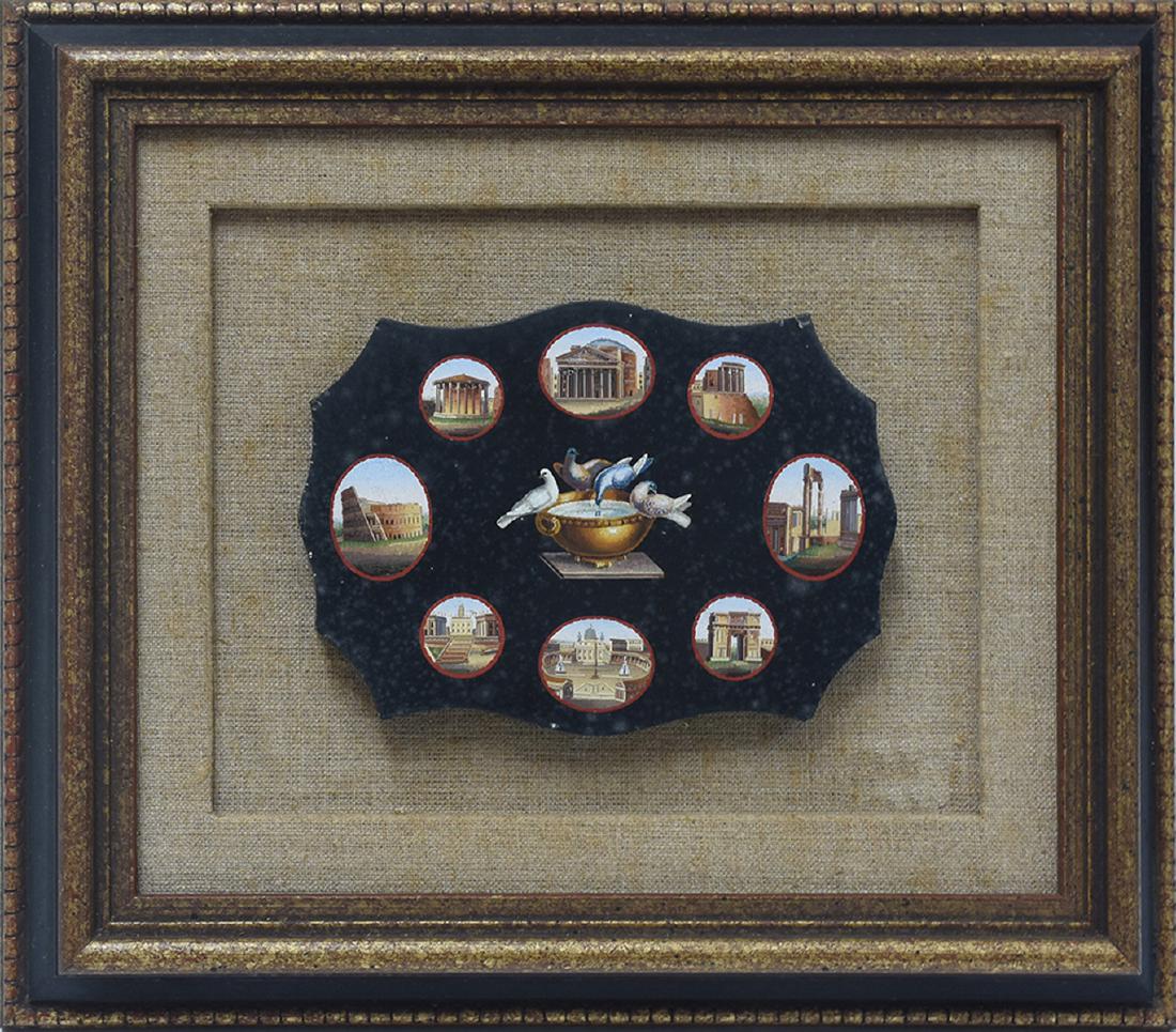 19th C. Italian micro-mosaic plaque with nine scenes of: 19th C. Italian micro-mosaic plaque with nine scenes of Rome, Doves of Pliny at center, very detailed with tiny tesserae, 6.25”W. x 4.5”H.