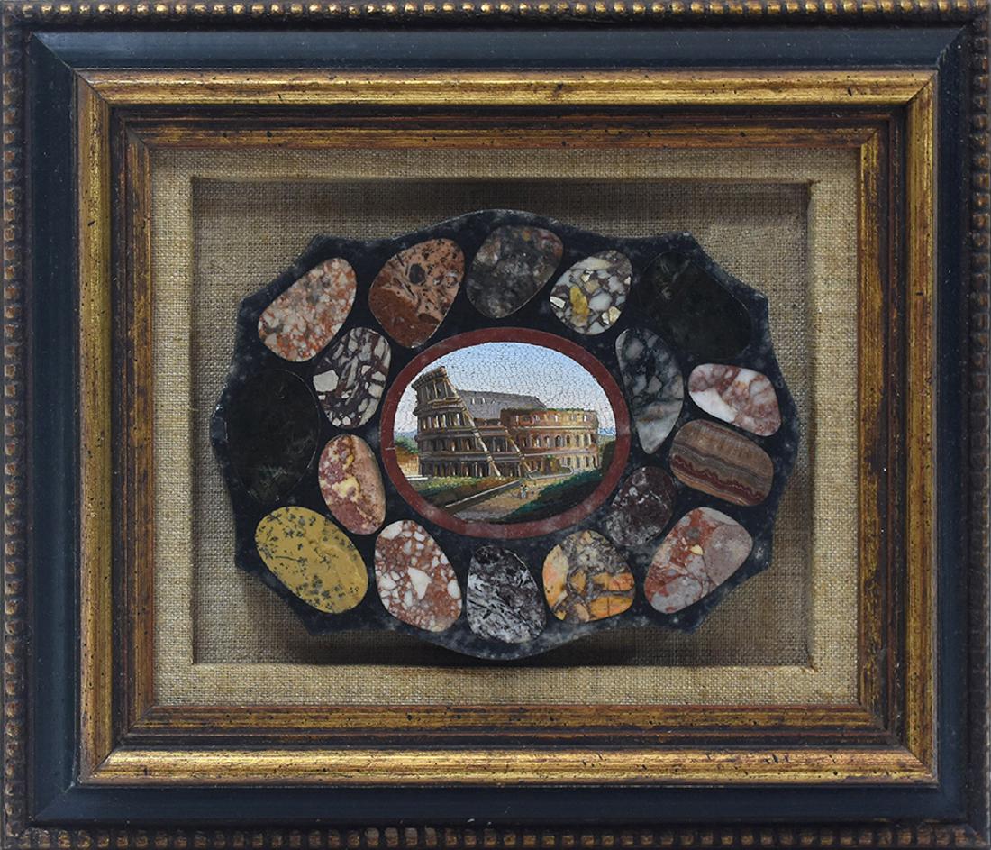 19th C. Italian micro-mosaic plaque of the Colosseum: 19th C. Italian micro-mosaic plaque of the Colosseum, with marble specimens around the border, 6 1/8”W. x 4.5”H.