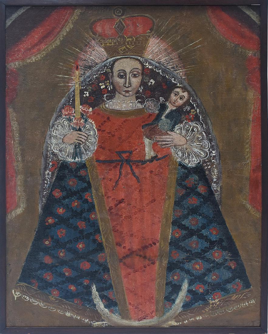 17th/18th C. Spanish Colonial oil on canvas of Madonna: 17th/18th C. Spanish Colonial oil on canvas of Madonna and child in simple rosewood frame, 30”H. x 22.5”W.