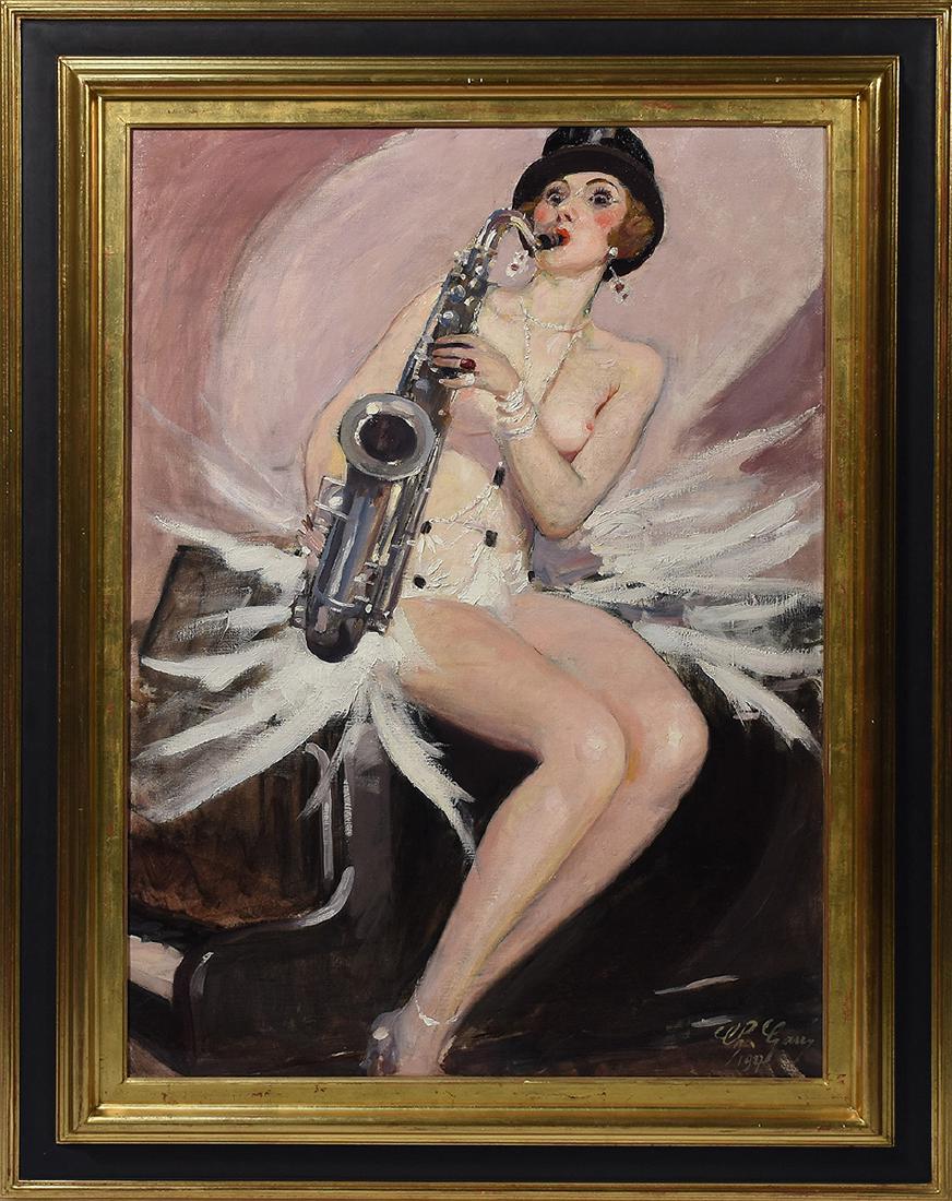 Charley Garry (Fr. 1891-1973) Art Deco oil on canvas of: Charley Garry (Fr. 1891-1973) Art Deco oil on canvas of female saxophone player in cabaret costume, signed lower right “Ch. Garry 1927”, 36.5”H. x 25.75”W. Exhibition label on 