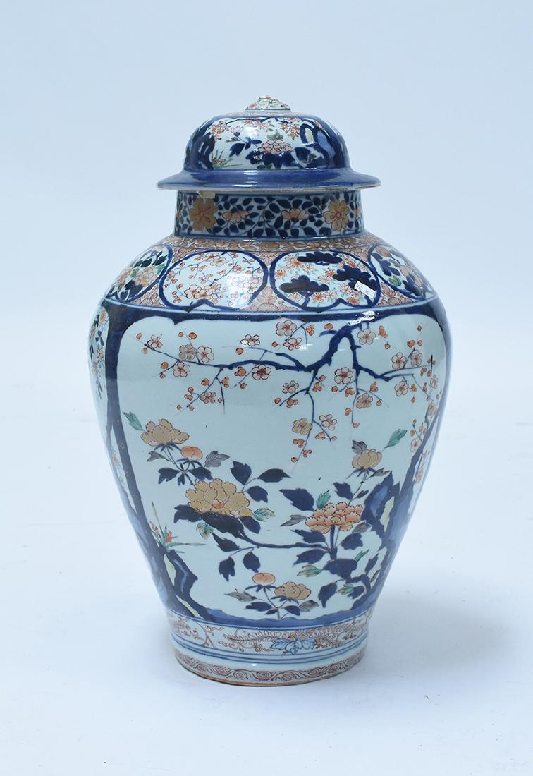 Large Chinese 18th/19th C. covered jar: Large Chinese 18th/19th C. covered jar, Imari palette with panels of floral pattern, 23.25”H. x 16” Dia.