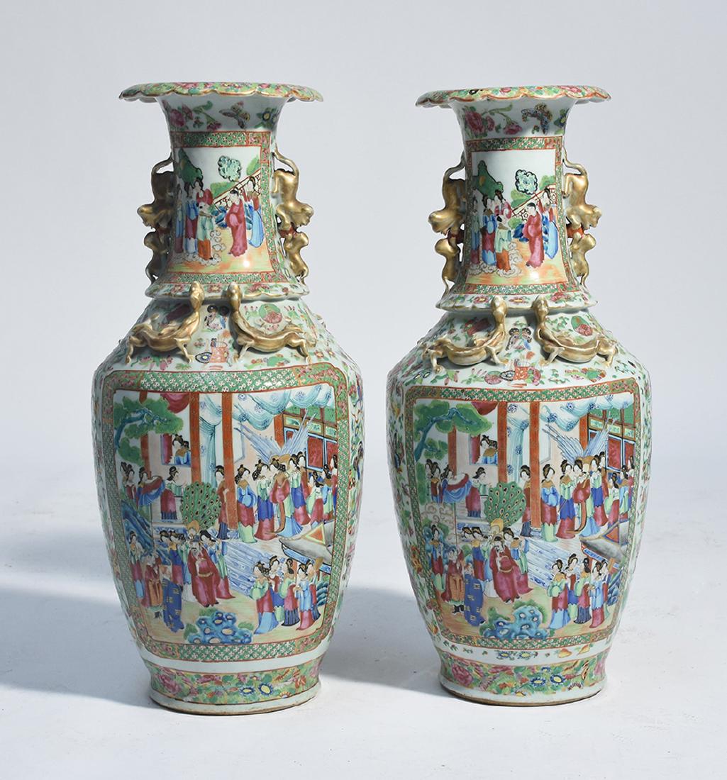 Pair of Chinese Rose Mandarin vases: Pair of Chinese Rose Mandarin vases, large panels with figures on front and back, floral and butterfly background, 24.5”H. ca.1850
