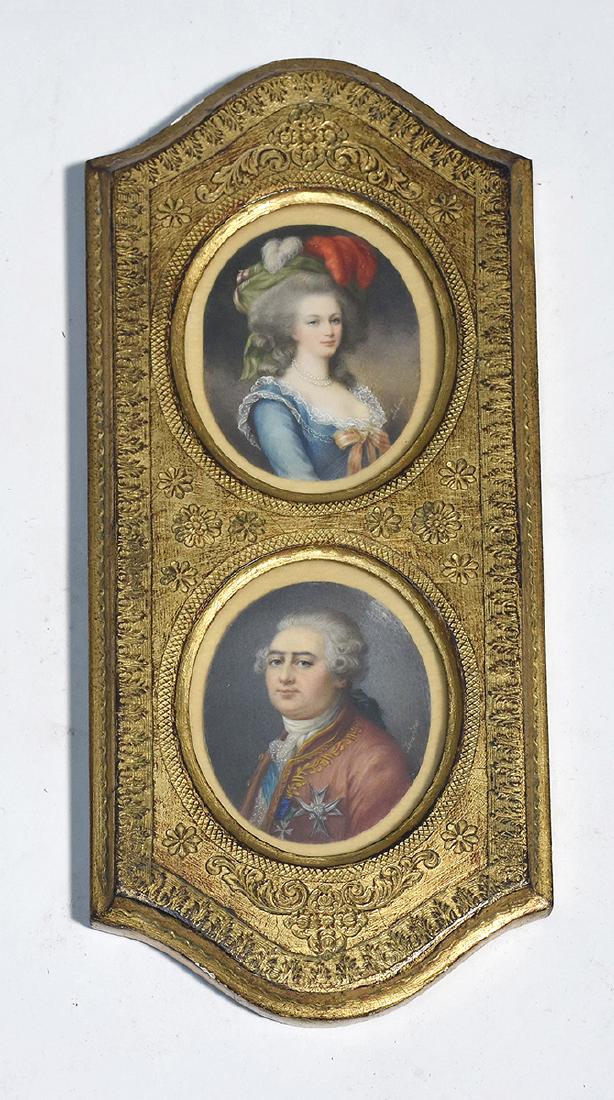 Pair French 19th C. hand painted oval miniatures: Pair French 19th C. hand painted oval miniatures, woman signed “Lebrum”, man artist signed “Levachuer”, framed, 3.5”H. each