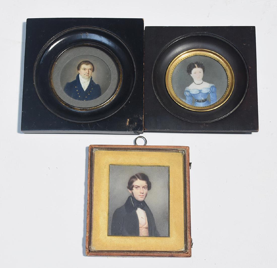 Three 18th/19th C. portrait miniatures: Three 18th/19th C. portrait miniatures, American/English: folk depiction of woman in blue dress; man in dress attire, and young man in dress attire, largest 2 7/8”H.