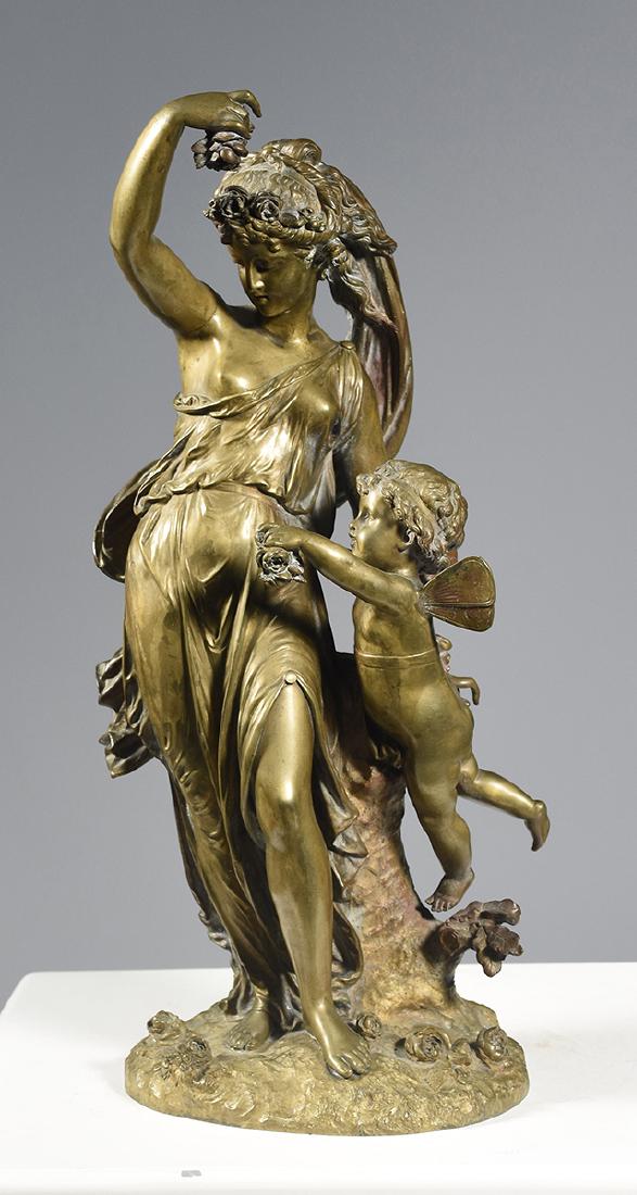 Anatore J. Guillot (French, 1865-1911) 19th C. bronze: Anatore J. Guillot (French, 1865-1911) 19th C. bronze figure of beautiful young woman with cherub, 16.25”H., greenish brown patina, ca.1890, impressed signature J. Guillot.