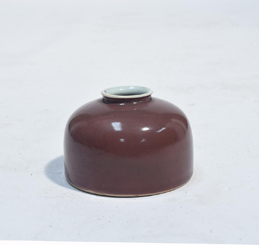 Chinese 19th C. Peach-Bloom porcelain pot: Chinese 19th C. Peach-Bloom porcelain pot, blue underglaze character marks, incised decoration to front and back, 5”Dia.