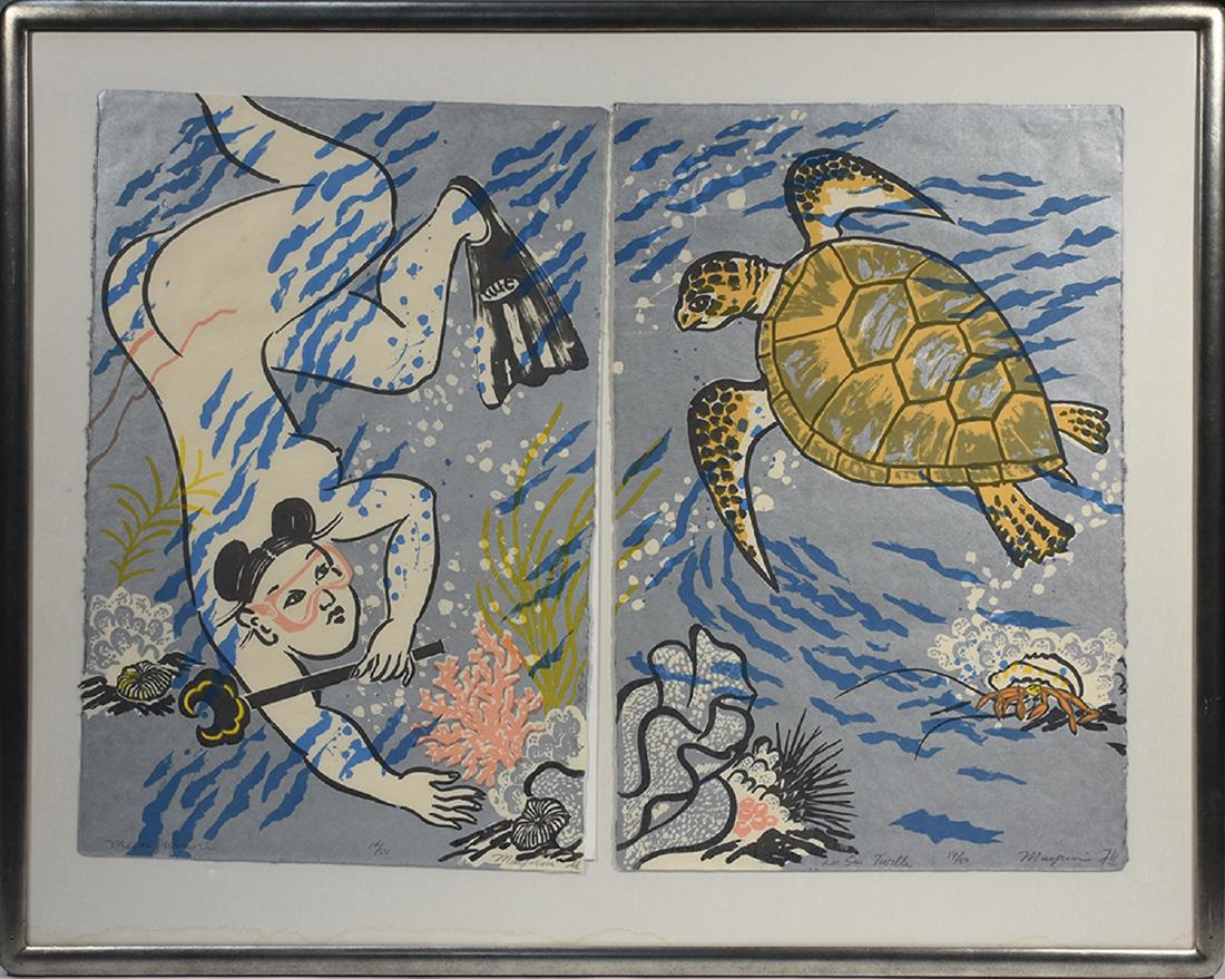 Mayumi Oda (Japanese) woodblock diptych, “Sea: Mayumi Oda (Japanese) woodblock diptych, “Sea Turtle”, pencil signed lower left and numbered 14/50, depicts naked female diver and sea turtle, 38.5” x 52”.