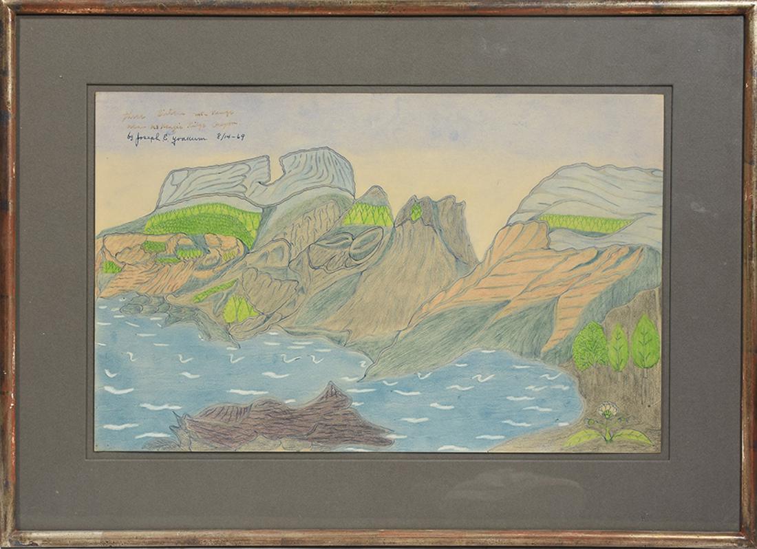 Joseph E. Yoakum (Am 1888-1976) Three Sisters: Joseph E. Yoakum (Am 1888-1976) Three Sisters Mountain range near McKenzie Ridge, Oregon by Joseph E. Yoakum, 8/14-69, signed upper left. Colored pencils, 12”H. x 19”W. Yoakum w