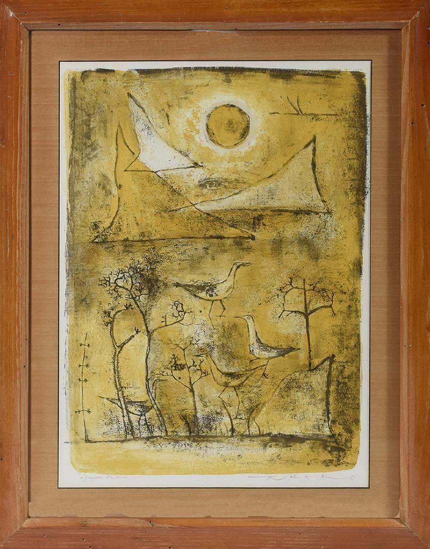 Pencil signed lithograph by Zao-Wou-Ki: Pencil signed lithograph by Zao Wou-Ki, (1921-1913 NewYork/China/France), yellow composition with birds, 17.75" x 13"