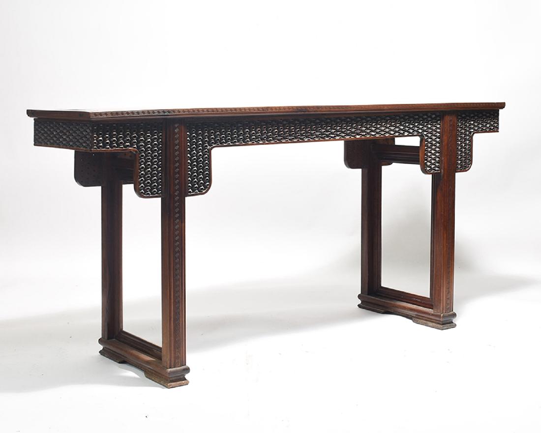 Unusual Chinese hard wood alter table carved ball: Unusual Chinese hard wood alter table carved ball design, 67"L. x 33"H. x 17"D.