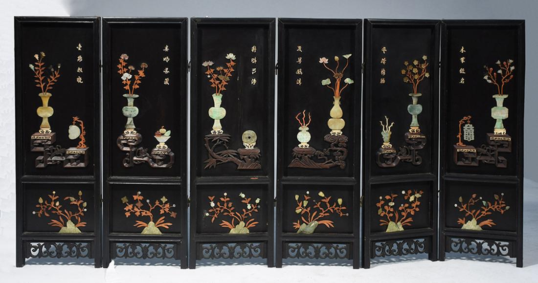 Chinese six panel jade screen: Chinese six panel jade screen. Multi colored jades, with numerous other semi-precious, hardstone, and other natural materials. Each panel measures 34’H. x 11”W., 34”H. x 