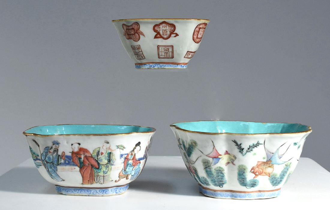 Three 19th C. Chinese enamel decorated bowls: Three 19th C. Chinese enamel decorated bowls. 1- with Koi; 1- figural; 1- symbols. Largest 5.5” x 2.75”H., very well painted. 