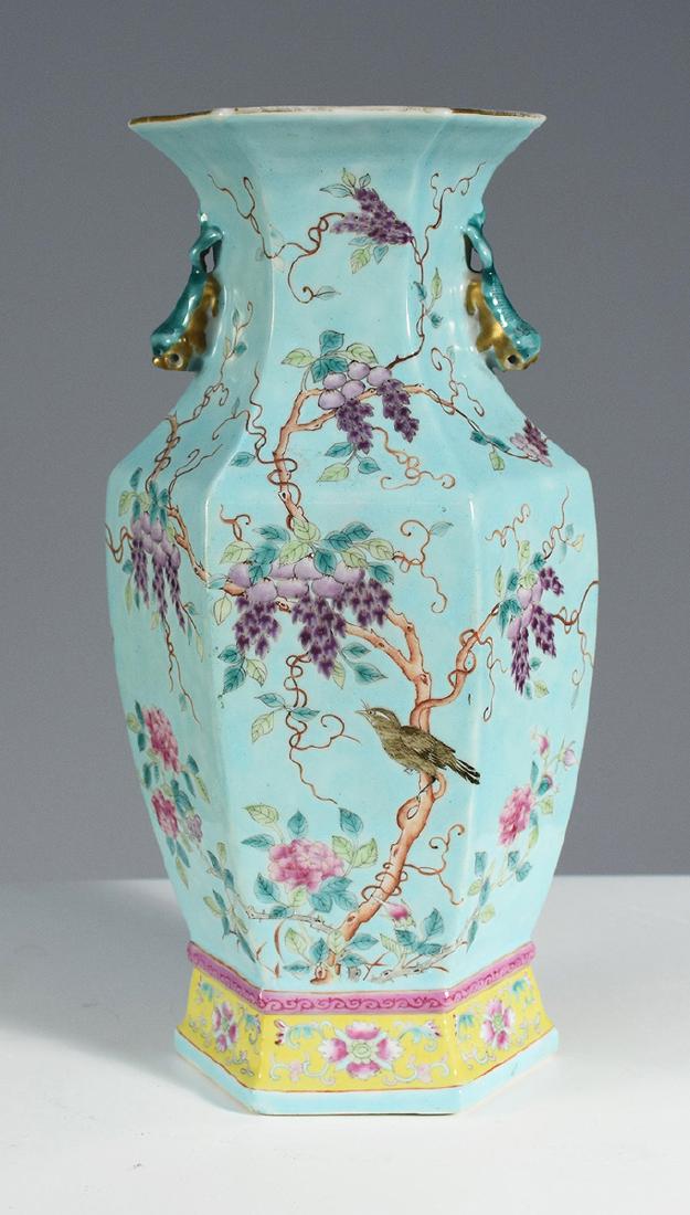 19th C. Chinese turquoise ground enamel decorated: 19th C. Chinese turquoise ground enamel decorated Wisteria pattern vase, 11.25”H., signed on base. 