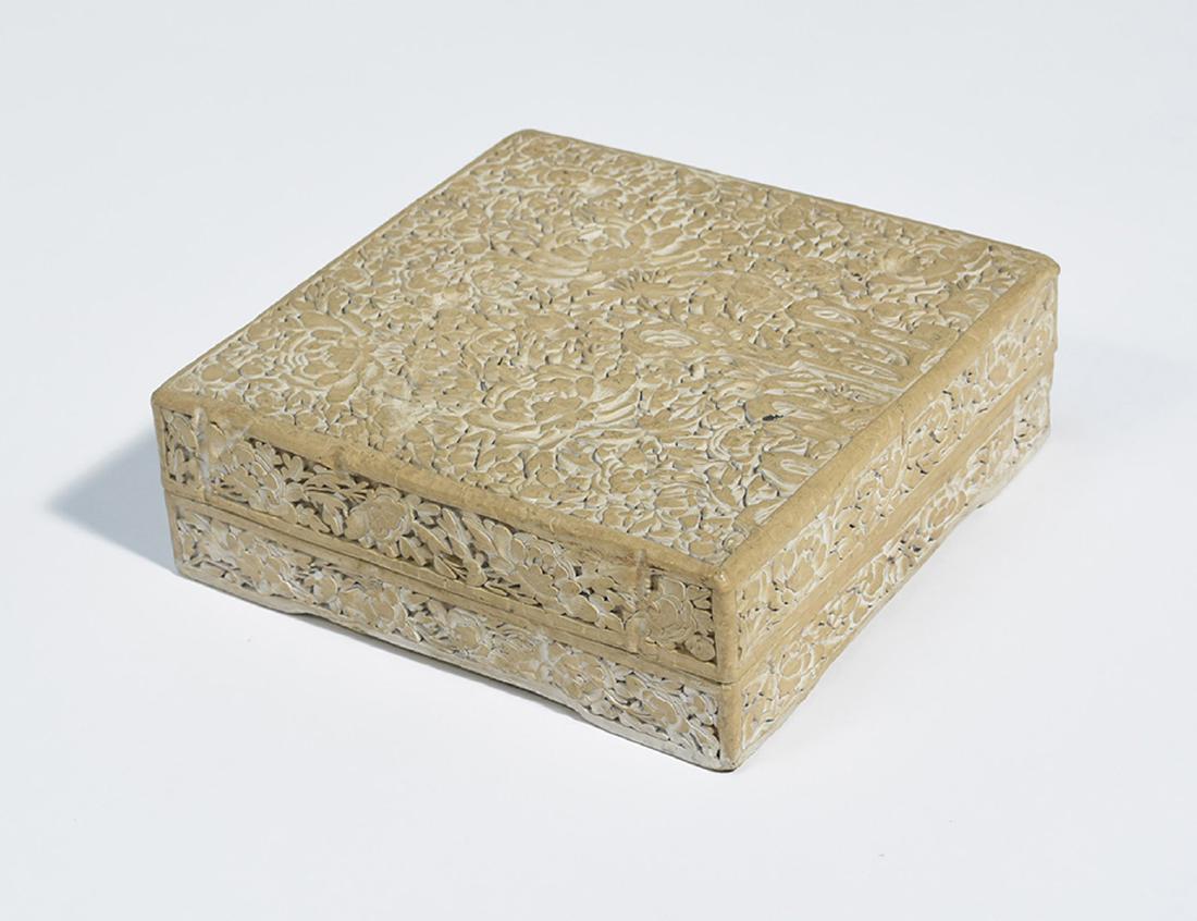 19th C. Chinese carved white lacquer box with two: 19th C. Chinese carved white lacquer box with two triangular enamel decorated ceramic dishes inside. Box is 8.5” square 2.75”H., dishes well painted. 
