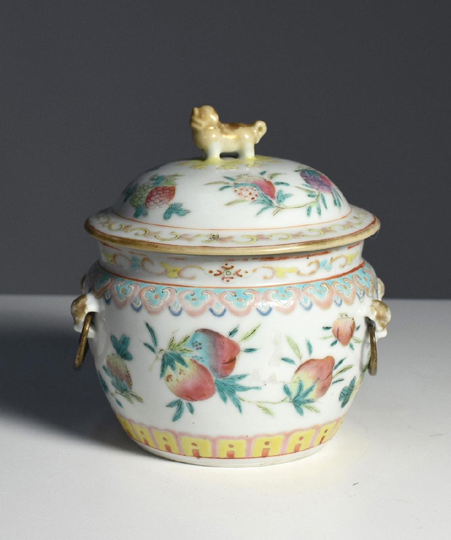 19th C. Chinese enamel decorated food container: 19th C. Chinese enamel decorated food container pomegranates decorate exterior, 5”H.