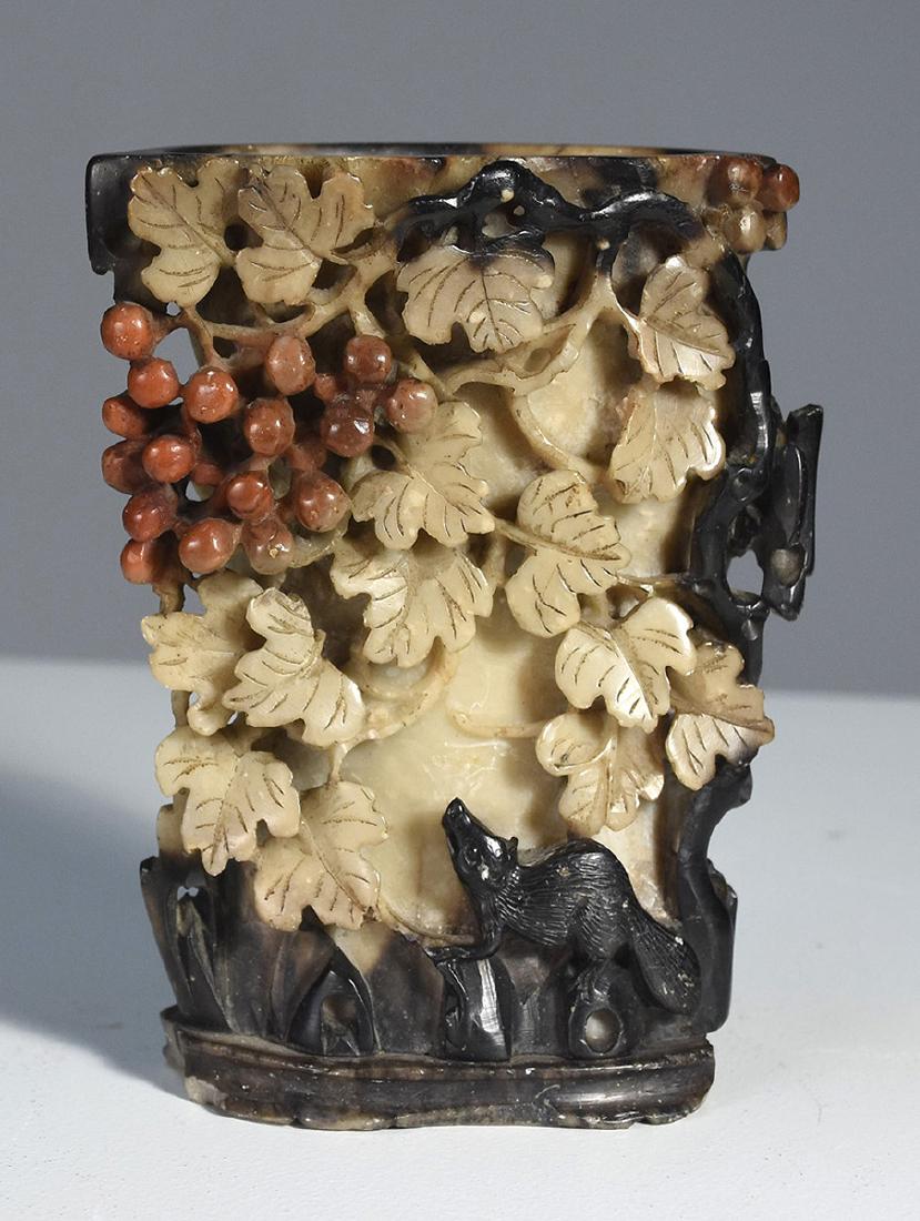 Chinese multi colored soapstone carving: Chinese multi colored soapstone carving of fruits, and flowers, with a bird, and a rat. Sensitively carved 4.25”H. 