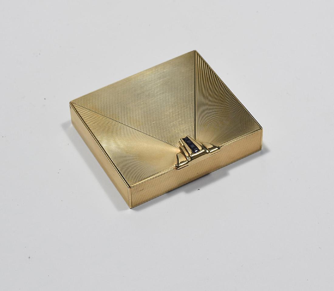 Tiffany & Co 14K yellow gold Art Moderne cigarette case: Tiffany & Co 14K yellow gold Art Moderne cigarette case with step cut sapphire clasp. Engraved lid with angled rays. Monogrammed on inside lid “Marion Valle Turner _x000D_ 720 Park Ave, N.Y.C. C