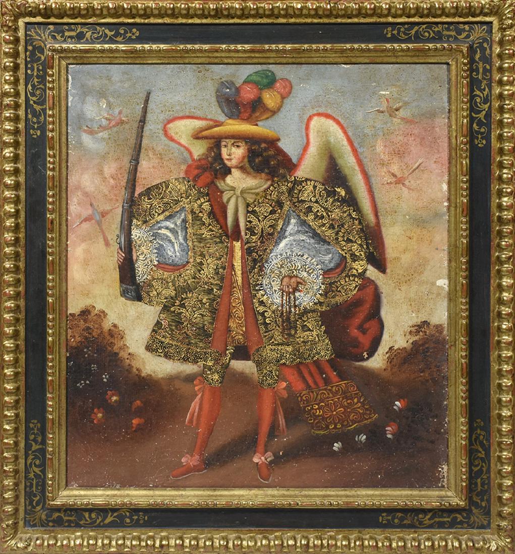 Cuzco school 18th C. oil on canvas Archangel: Cuzco school 18th C. oil on canvas Archangel, 27” x 23.5”