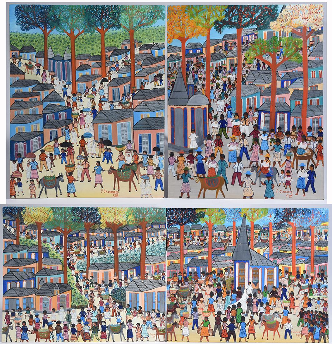 Four Haitian oils on Masonite signed E. Chavannes: Four Haitian oils on Masonite signed E. Chavannes, Haitian wedding scenes, 24” x 30”