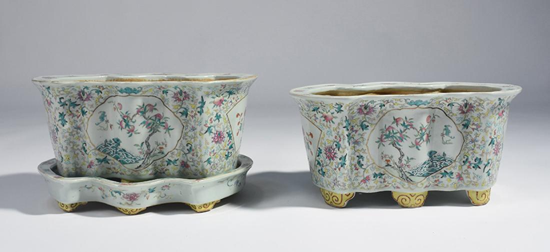 Pair of Chinese Famille Rose, shaped porcelain planters: Pair of Chinese Famille Rose, shaped porcelain planters, 14.5”L. x 11”D., one has under tray.