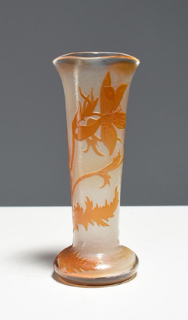 Galle fire polished two color cameo glass vase: Galle fire polished two color cameo glass vase. Floral pattern, 6”H., ca.1900.