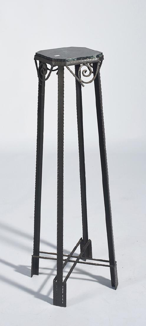 Art Deco wrought iron and marble pedestal/ plant stand: Art Deco wrought iron and marble pedestal/ plant stand, 39”H. x 8.5” square top, ca.1925