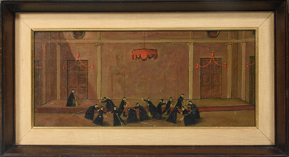 Nino Caffe (Ital. 1909-1975) “Piccola: Nino Caffe (Ital. 1909-1975) “Piccola ricreazione” oil on canvas of monks playing with brooms. Signed L.L. Caffe gallery stamp on canvas “Galleria Schne der R