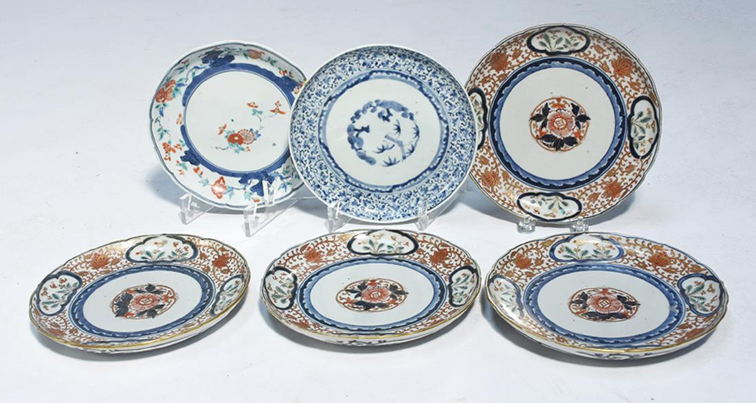 Six early 19th C. Imari plates: Six early 19th C. Imari plates. 4- 8.5” traditional Imari palette signed on bottom; 1- 8” blue & white signed on bottom; 1- 8” Kakiemon decoration signed on bottom.