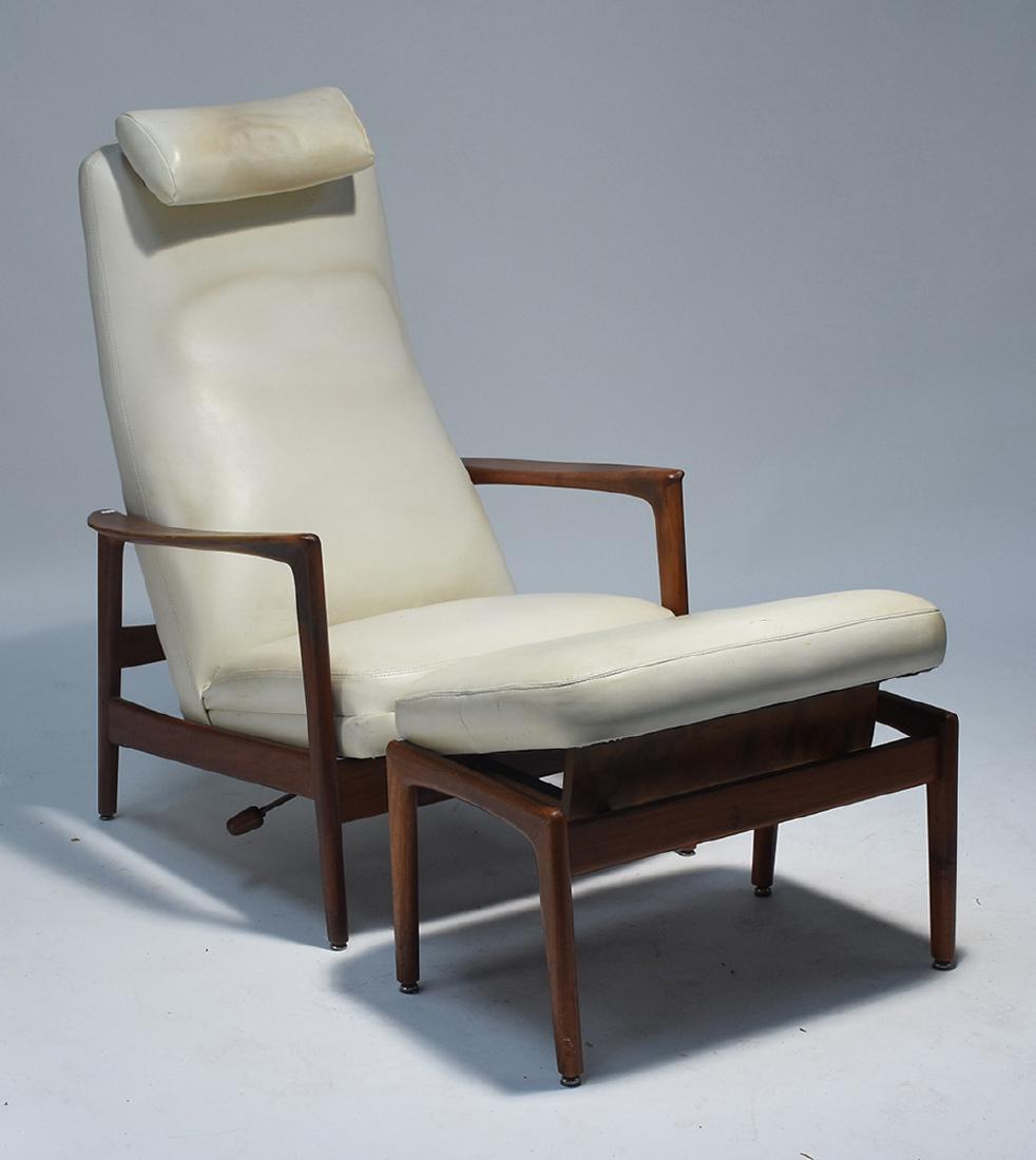 Mid-Century chair and ottoman by “Dux”: Mid-Century chair and ottoman by “Dux”, white pleather material, 40.5”H. x 29.5”W. x 28”D.