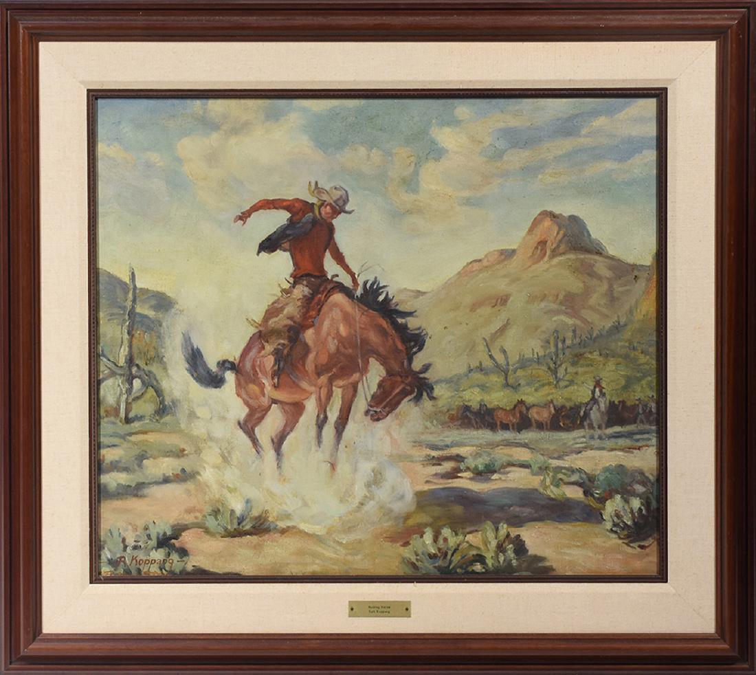 Ruth Koppang (Am b. 1924) oil on canvas of bronco: Ruth Koppang (Am b. 1924) oil on canvas of bronco buster, 23”H. x 27.5”W., signed L.L. R. Koppang. 