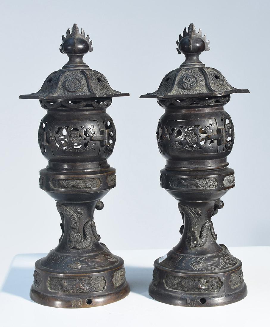 Pair Chinese bronze miniature table lanterns: Pair Chinese bronze miniature table lanterns. Each in three pieces, 12.5”H.