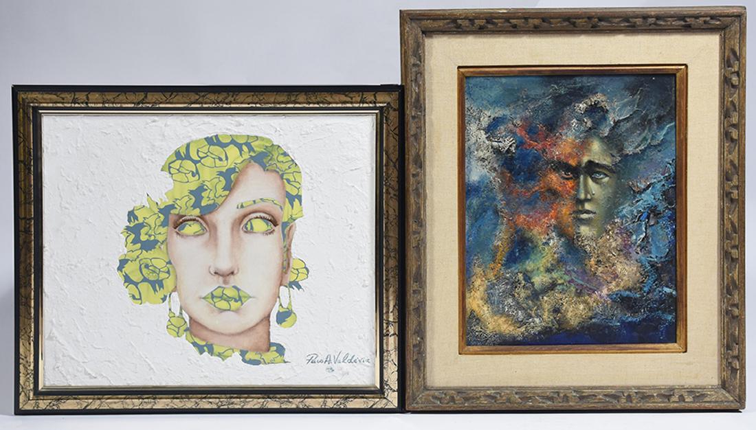 Two Modernist portraits: Two Modernist portraits: oil on board, woman with fabric hair and eyes, signed Paco A. Valderia, 18” x 21 along with an oil on canvas, man in colorful mist, 18” x 14”