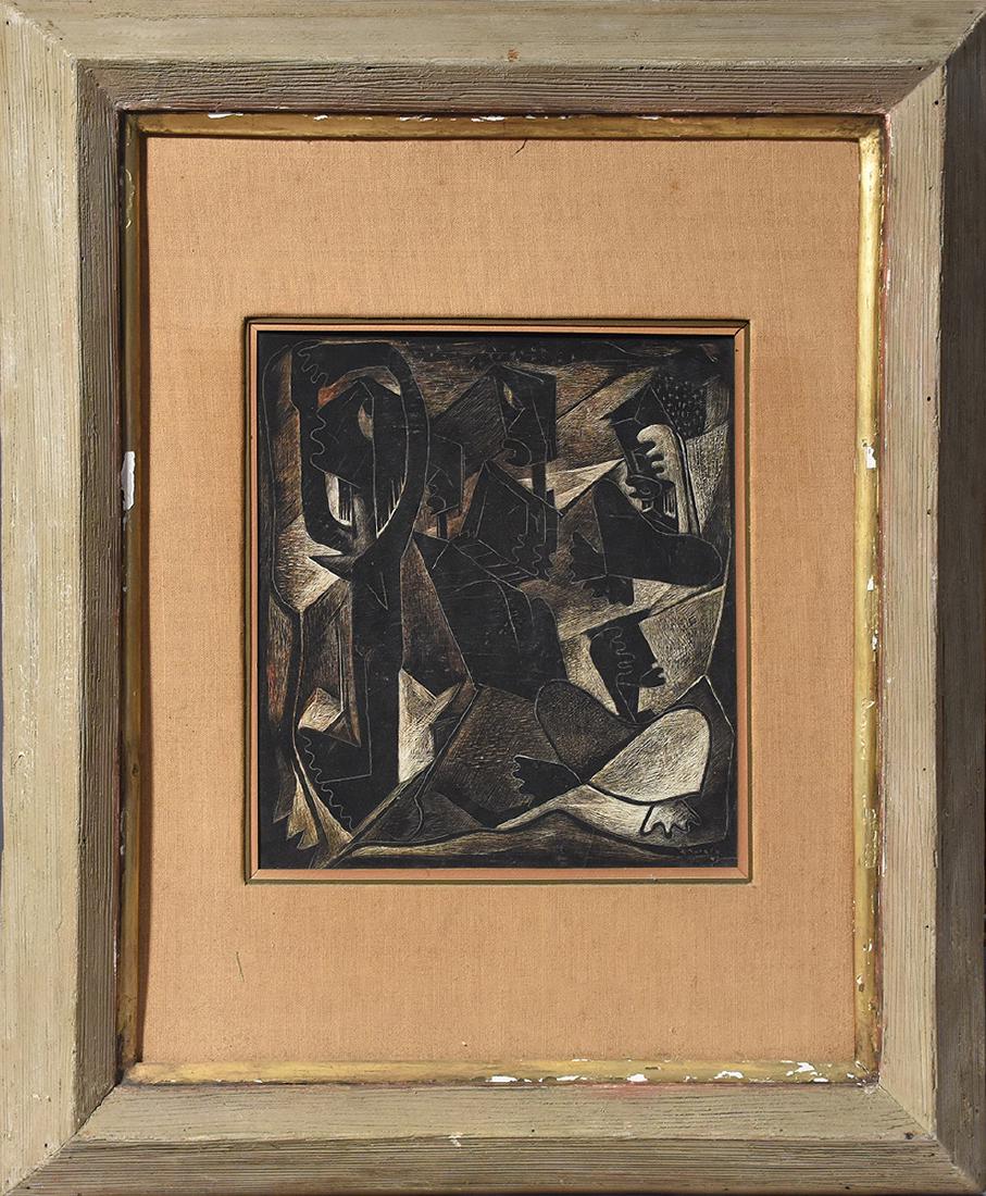 Oil on o board signed A. Botello '41 (Angel Botello,: Oil on o board signed A. Botello '41 (Angel Botello, 1913 - 1986), abstract cubist figures, 15.5" x 14"