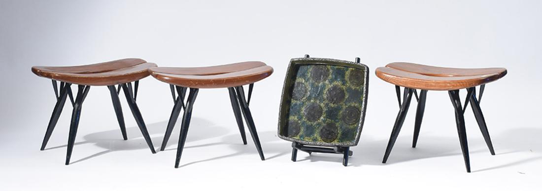 Three Laukaan Puu Pirkka stools: Three Laukaan Puu Pirkka stools, designed by Ilmari Tapiovaara , Finnish Modern design, 12”H. x 17”L. x 11”W., along with a Danish studio pottery glazed tray, 12” square, four