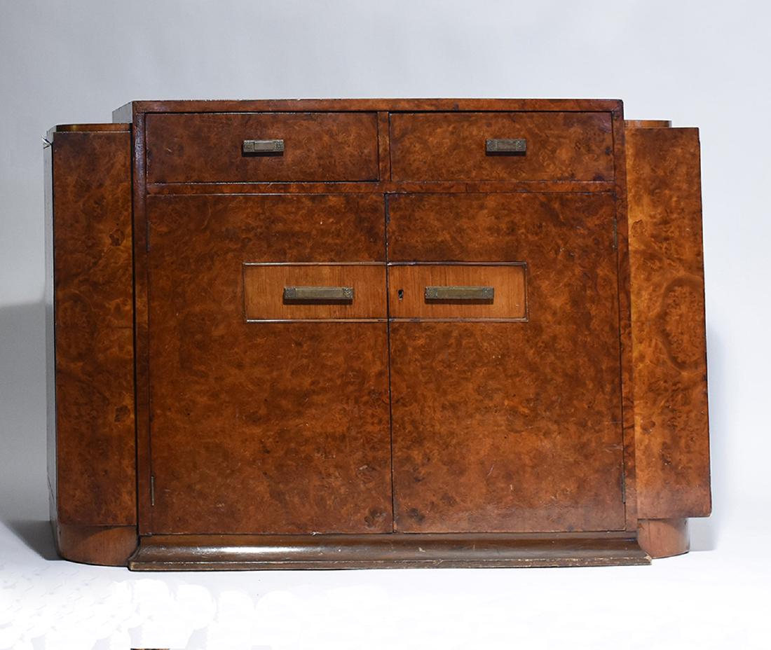 Art Deco burl walnut server/bar: Art Deco burl walnut server/bar, two drawers over two doors with side doors for glasses, slight bow to front, 33”H. x 48”L. x 20”D.