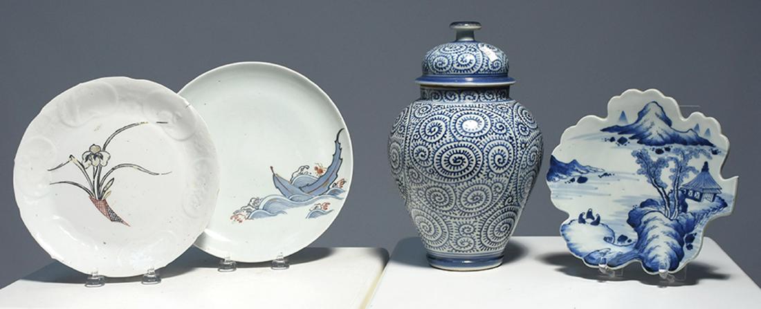 Four pieces of Japanese ceramics: Four pieces of Japanese ceramics. A blue and white covered ginger jar, 19th C., 10.5”H., three plates 18th/19th C., 1- 8.5” with leaves and an ant, one blue & white leaf dish s
