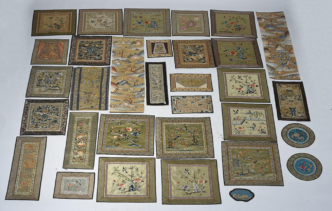 31 Chinese unframed silk needlework’s: 31 Chinese unframed silk needlework’s. Figural, floral, birds, dragons, largest is 16 x 16.5”.