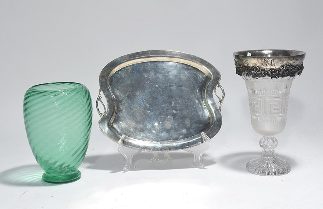 Three piece lot: Mexican sterling tray, clear glass: Three piece lot. Mexican sterling tray, approx. 20.5 ozs troy, 13.75” over handles; clear glass vase with sterling rim (not original) 12.25”H. and a green unmarked Steuben vase, 10&#
