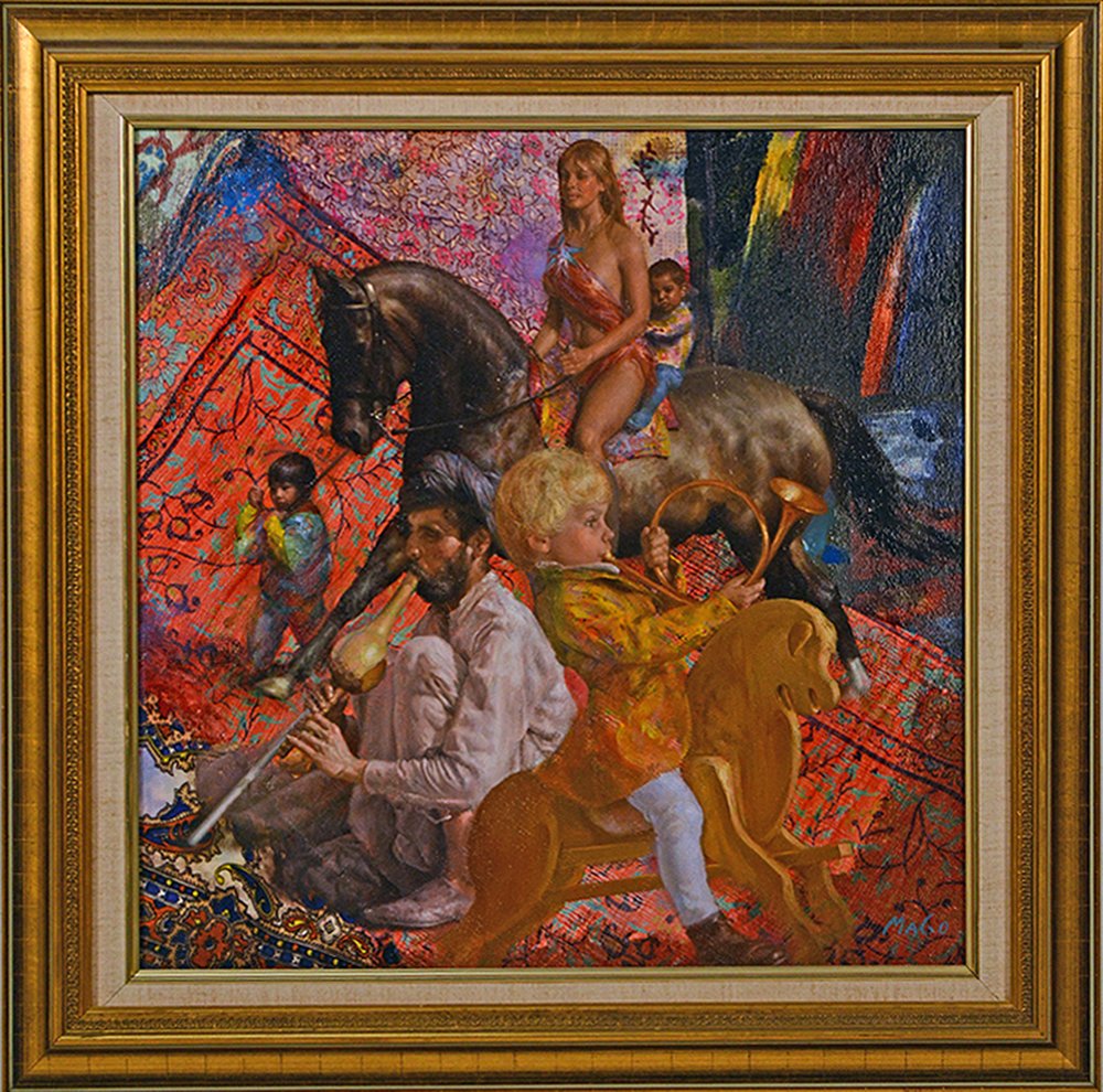 Maurizio Mago (20th C. Italian) oil on canvas child on: Maurizio Mago (20th C. Italian) oil on canvas child on a hobby horse