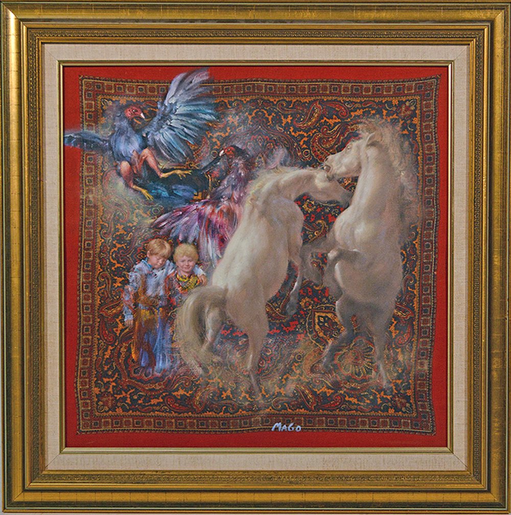 Maurizio Mago (20th C. Italian) oil on canvas of white: Maurizio Mago (20th C. Italian) oil on canvas of white horses