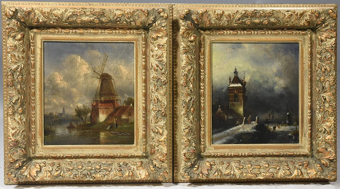 Two 19th C. oil on panel of Dutch winter scenes framed: Two 19th C. oil on panel of Dutch winter scenes framed. Panels 9.5” x 8.25” framed overall 16.5” x 15.5” signed L.R. illegibly
