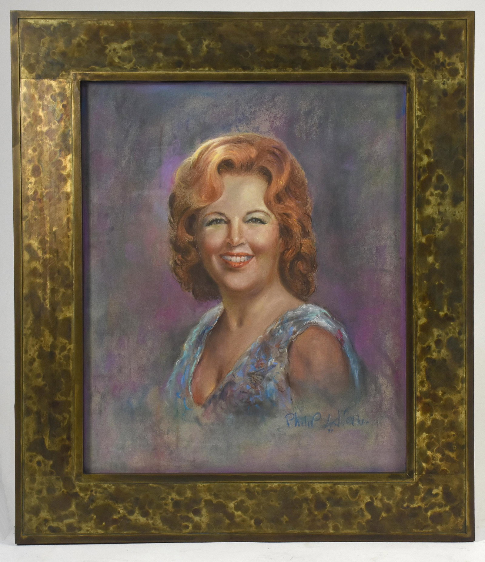 Philip & Kelvin Laverne patenated bronze frame: Philip & Kelvin Laverne patenated bronze frame with a pastel portrait of Dorothy Coggins on paper by Philip LaVerne, 32" x 27.75" frame exterior, 19.5" x 23.5" frame interior