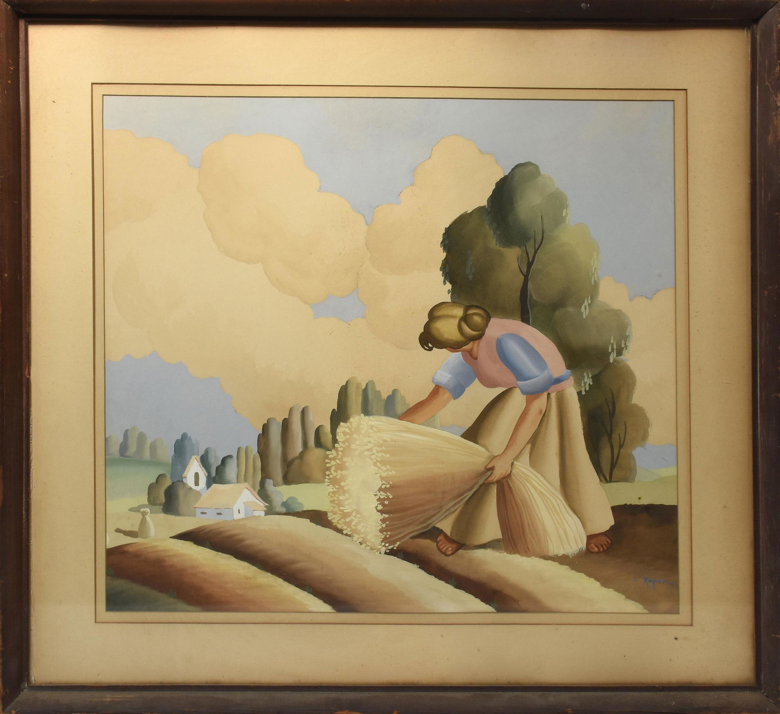 Gouache signed Kupur, woman in wheat fields (1 of 4)