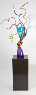 Richard Royal colorful abstract sculpture: Richard Royal colorful abstract glass and copper sculpture, signed & dated 1978, with black pedestal if buyer chooses. 56”H, 92.5”H overall including base