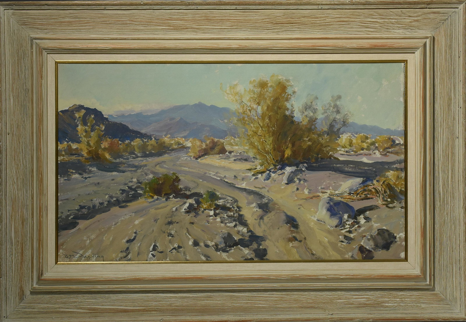 W. Darling, oil on masonite,Western landscape: William Darling (California, 1882-1963)oil on masonite, Western landscape with creek bed, signed lower left W. Darling, 18" x 32".