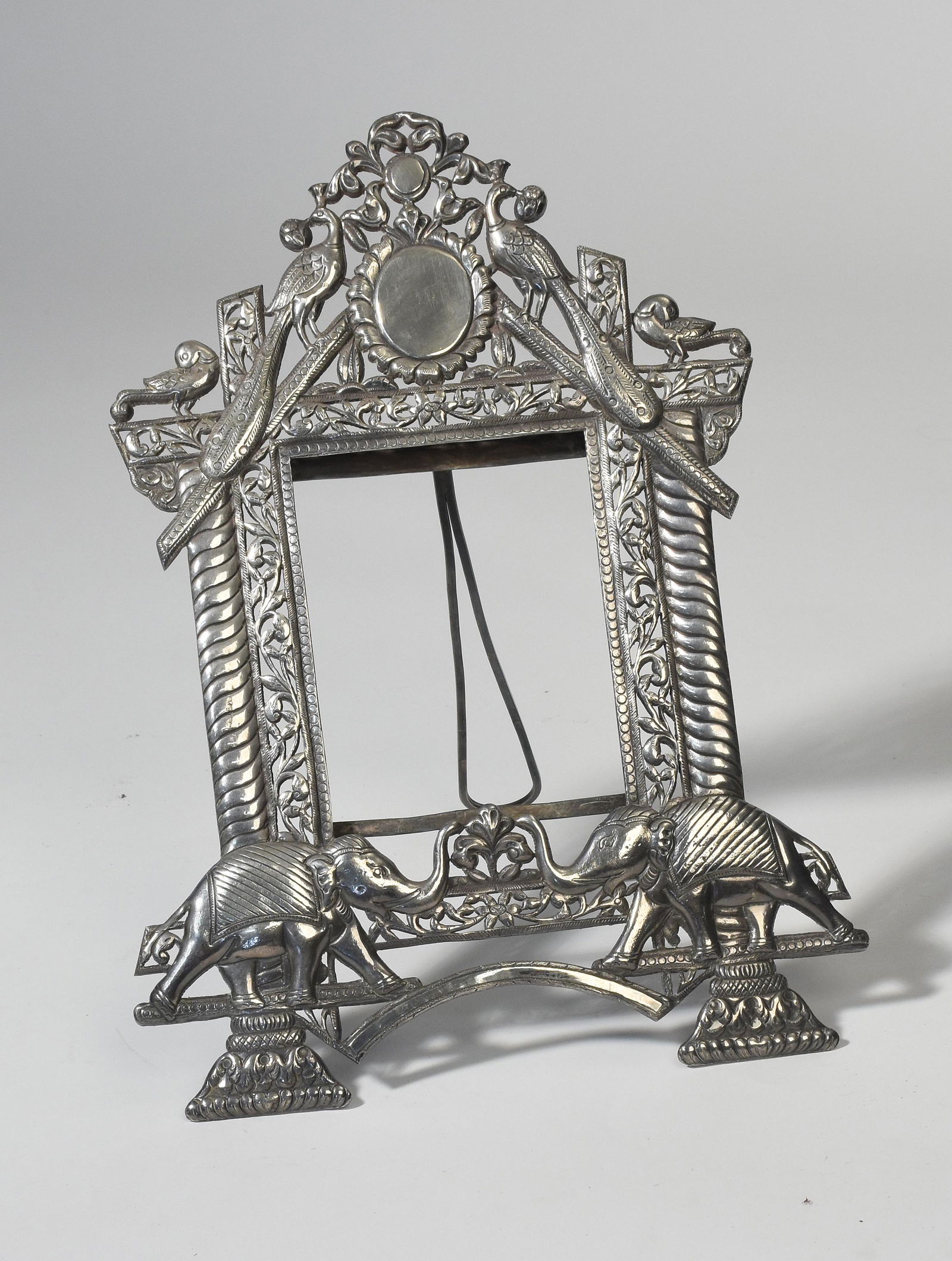 19th C. India lrg silver frame w/ peacocks & elephants (1 of 4)