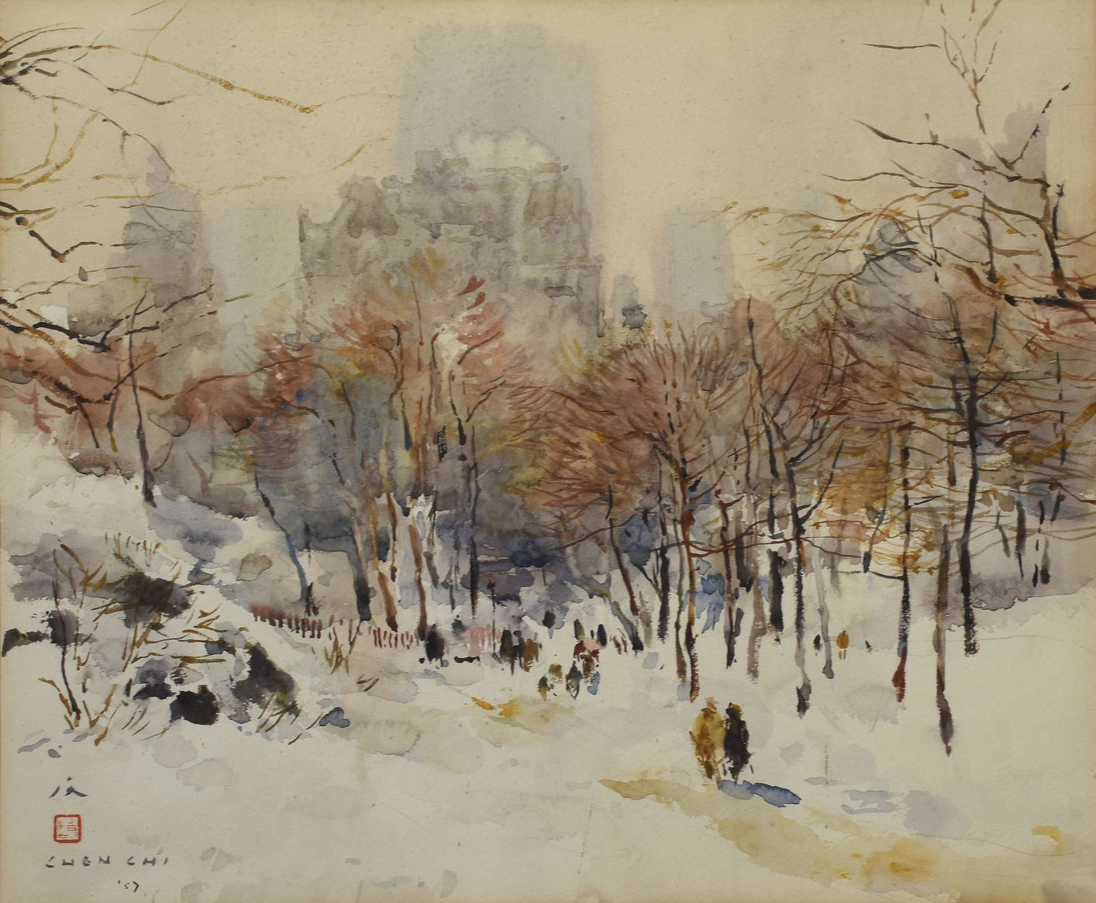 Watercolor, NYC Central Park in Winter, signed Chen Chi (1 of 3)
