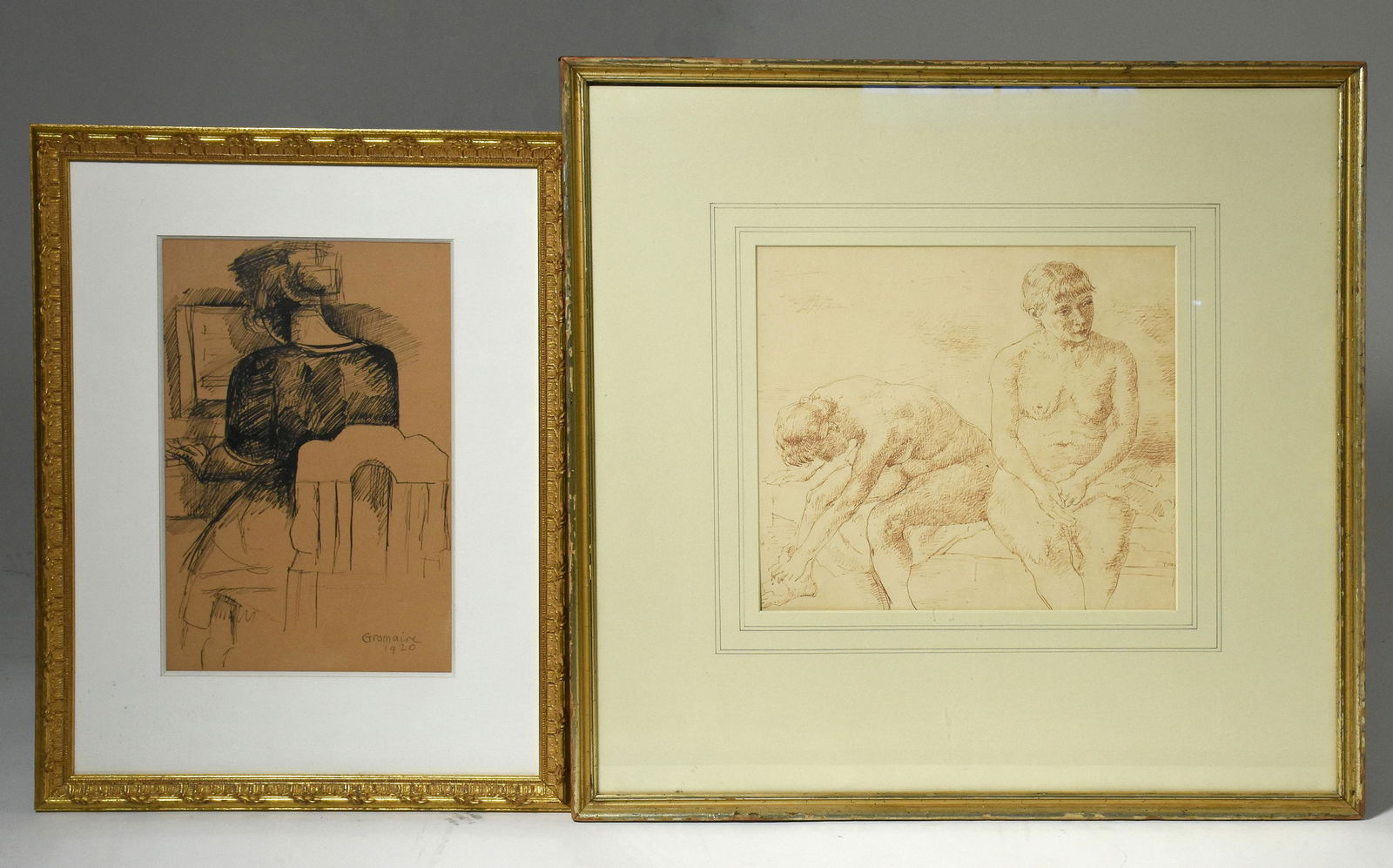 Two ink drawings by Robert Brackman & Marcel Gromaire: Two ink drawings: two nude women by Robert Brackman, signed lower right, 11.5" x 12.5" sight, purchased at Samuel Freeman, Philadelphia 1957; with sketch of woman playing piano by Marcel Gromaire, sig