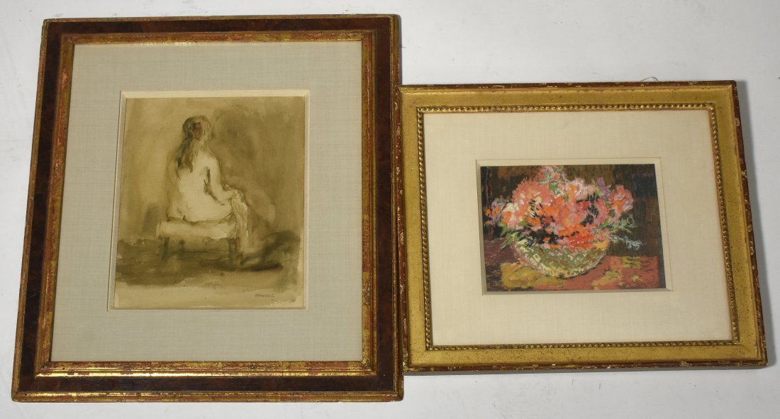 Seymour Remenick inkwash w/ a pastel of flowers: Two modern artworks: inkwash seated nude by Seymour Remenick, 1960, 9" x 11.5", with a pastel of flowers, signed lower right, 6.5" x 8.5"